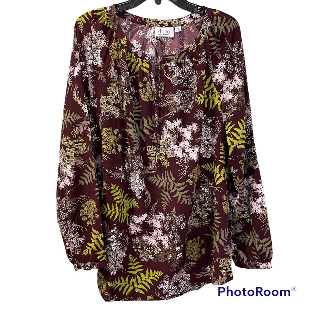 Denim and Company Blouse Floral Long Sleeve Like New 1X Brown Green White